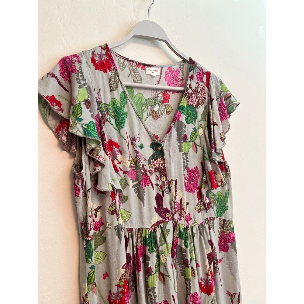 World Market Cost Plus Gray Floral Ruffle Sleeve Maxi House Dress Size: L/XL - Picture 4 of 6